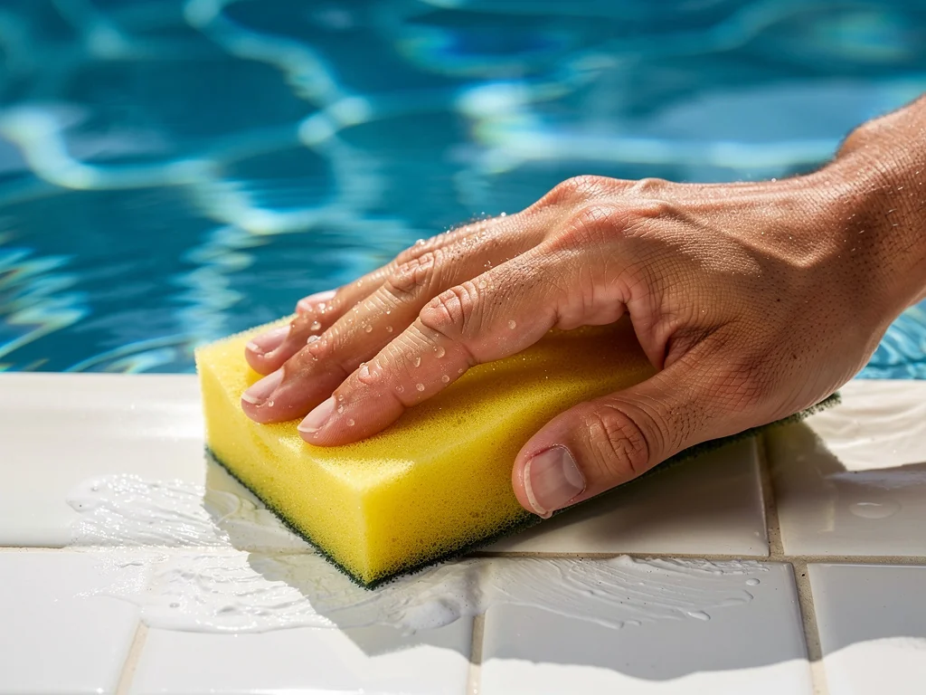 Nettoyage de la ligne d'eau d'une piscine à l'éponge