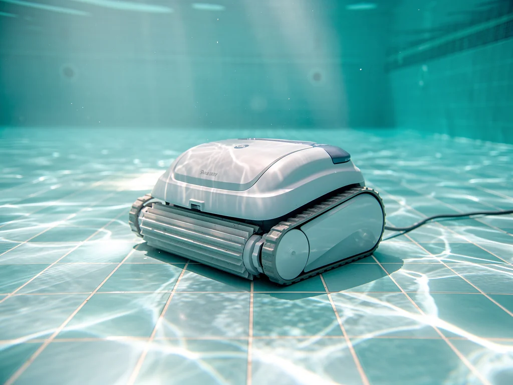 Robot nettoyeur automatique posé au fond du bassin