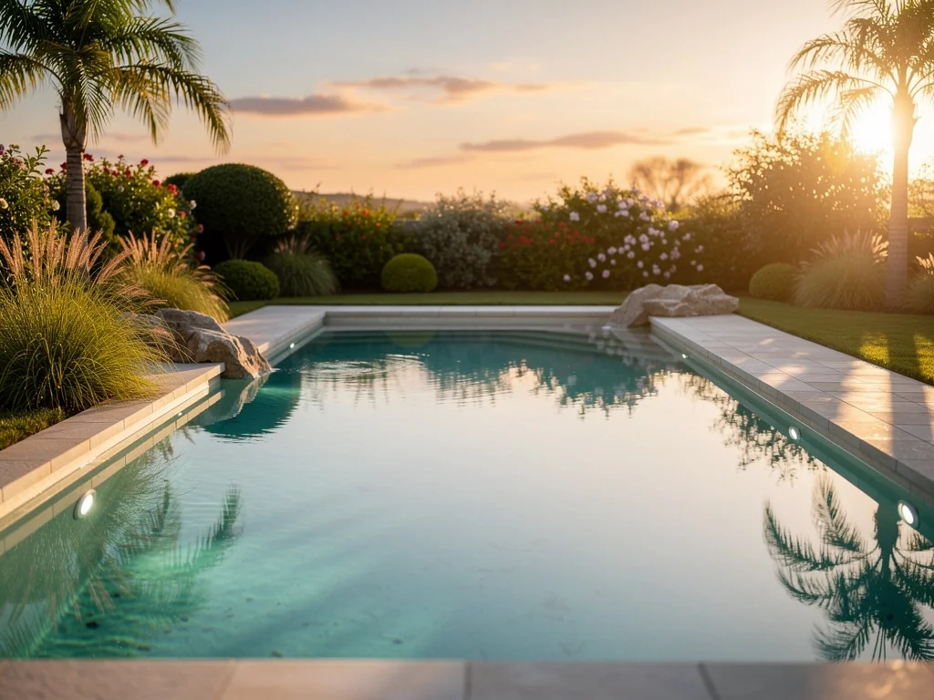 Eau cristalline dans une piscine entretenue au coucher du soleil